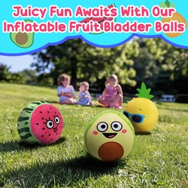 Forest & Twelfth 16” Fruit Bladder Balls Inflatable Watermelon, Avocado, Pineapple Bounce Ball Set with Plush Exterior Ideal for Play, Party Favors, Bouncy Ball Toys for Kids