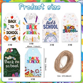 HOWAF 60pcs Welcome Back to School Gift Tags, First Day of School Label Tags for School Supplies Gift Decor DIY Craft, Back to School Label Tags with Rope for School Class Decor Students Prize