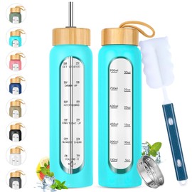 SipZest 32 oz Glass Water Bottle with Straw - Motivational Water Bottle with Time Marker & Silicone Sleeve - Reusable Tumbler Includes 2 Bamboo Lids & Fruit Infuser - 1 Pack
