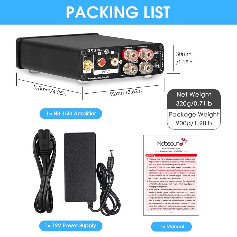 Nobsound NS-15G 2 Channel Bluetooth Power Amplifier 200W Class D