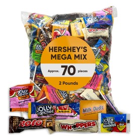 Hershys Mega Mix 2LB Bulk Candy Assortment - Approx 70 Pieces Chocolate Candy, Jolly Ranchrs, Lollipops, Creamy Caramels, Milk Duds, Whoppers, Rolos - Individually Wrapped Candy Bulk Variety Pack