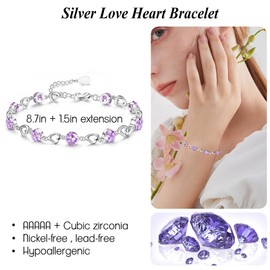 YADOCA Silver Bracelet for Women Girls Shiny Crystal Heart Bracelet Adjustable Love Heart Bracelet Friendship Bracelet Sister Bracelet White/Blue/Pink/Purple Crystal Bracelets Jewelry Gifts