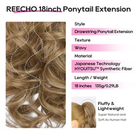 REECHO Ponytail Extension, 18 inch Drawstring Ponytail Hair Extensions Long Curly Wavy Clip in Pony Tail Synthetic Hairpiece for Women, Light Brown with Highlights