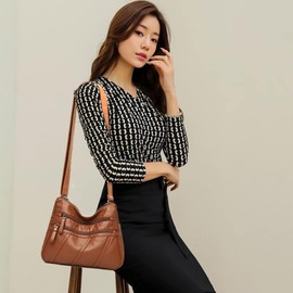 Vohoney Crossbody Shoulder Bag for Women Multi Pocket Messenger Bag Soft PU Leather Cross-Body Handbags for Ladies (Ladies Shoulder Bag for Brown)