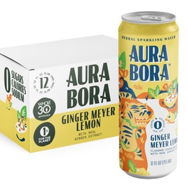 Ginger Meyer Lemon Herbal Sparkling Water by Aura Bora, 0 Calories, 0 Sugar, 0 Sodium, Non-GMO, 12 o