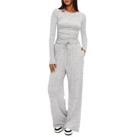 Darong Women's 2 Piece Lounge Sets Long Sleeve Tops Wide Leg Pants Casual Outfits Pajama Set Fall Collection 9065A White Grey S