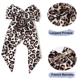 Leopard Print Long Tail Hair Bow Clips - 2Pcs Handmade Ribbon Satin Oversized Bow Metal Barrettes Ponytail Ribbons Butterfly Accessories for Women and Girls (Leopard Print-White/Red)