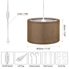PATIKIL Plug in Pendant Light, 15Ft Rope Cord Hanging Lamp Fixture with ON/OFF Switch, Linen Fabric Shade E26/E27 Bulb Socket for Bedroom Kitchen Living Room, Coffee