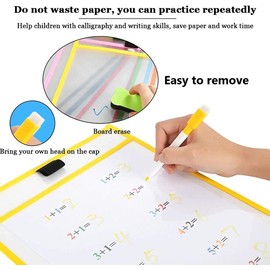 KAHEIGN 24Pcs Dry Erase Pockets Set, 36 x 26cm Reusable Write and Wipe Clean Pockets with Bone Shape Eraser, 8Pcs Erase pens, 5Pcs Keyring - for School Work Use Supplies (10 Colors)