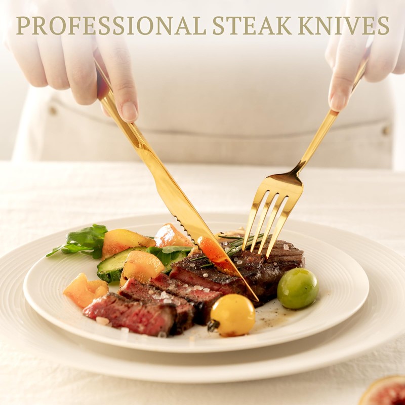 Astercook Silverware Set 48-Piece Gold Flatware Set with Steak Knives