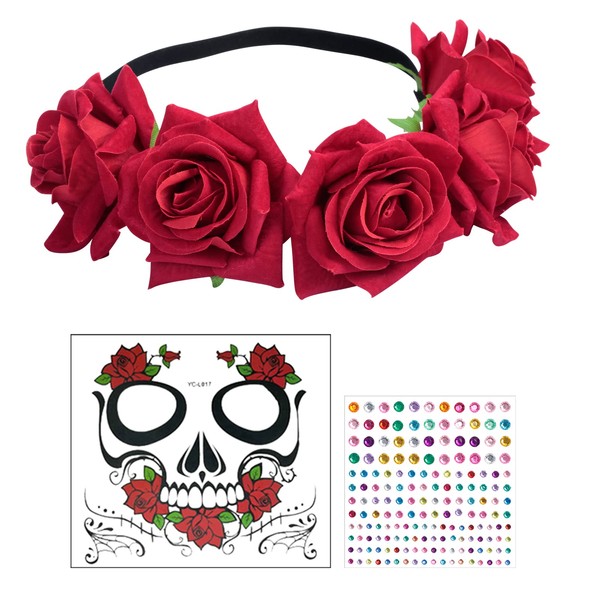 LOPOTIN 3-Piece Day of the Dead Headband with Day of the Dead Temporary Tattoo, Dia De Los Muertos Halloween Costume, Women's Hair Accessory for La Catrina Fancy Dress Carnival, Halloween