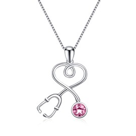 AOBOCO Sterling Silver Stethoscope Necklace Infinity Heart Pendant Doctor Nurse Necklace with Pink Austria Crystal, Women Medical Jewelry Gifts for Medical Student Doctor Nurse Female…