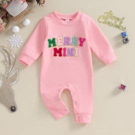 Lamuusaa Newborn Baby Girl Boy Christmas Outfit Santa Baby/Merry Mini Embroidery Romper One Piece Jumpsuit Fall Clothes (Pink, 6-12 Months)