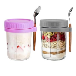 Wrqqwsy Overnight Oats Containers with lids and spoon, Set of 2 Jars 12oz Airtight Container with Measurement Marks, Reusable On The Go Cups for Cereal Yogurt, Milk, Salads, Fruit
