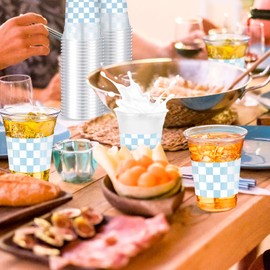 SiliFine 50 Pcs 12 oz Race Car Cups Checkered Flag Disposable Clear Buffalo Gingham Plaid Plastic Cups for Racing Party Drink Supplies Decorations Birthday Baby Shower (Light Blue)