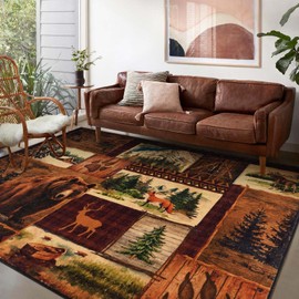 ASPMIZ Farmhouse Area Rug 5x7, Buffalo Plaid Lodge Bear Moose Deer Living Room Rugs Washable, Rustic Cabin Wildlife Bedroom Throw Rugs Non Slip Floor Carpet Large Brown, Vintage Country Home Decor