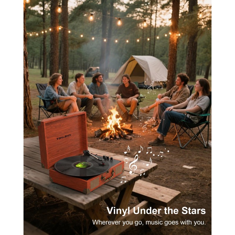 TANLANIN Suitcase Record Player with Speakers, Bluetooth in/Out, Red Brown