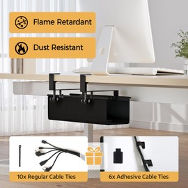 Under Desk Cable Management Tray 15.7" - No Drill Computer Wire Organizer Cable Tray, Fabric Cord Hider Clamp Mount, with 16X Cable Ties PC Cables Management Cord Holder for Office/Home (Black)