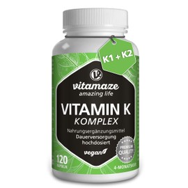 Vitamaze - amazing life Vitamin K2 + K1 Complex - High Strength (K1 1.000 mcg MK4 + K2 200 mcg MK7 Menaquinone) - 120 Vegan Capsules for 4 Months - Best Bioavailability Supplement - Without Additives- Vitamaze