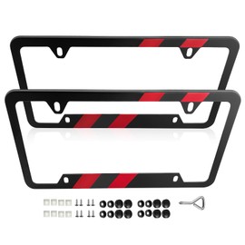 Matte Black Stainless Steel License Plate Frame,Stronger Than Aluminum, Rustproof, Sporty Red Stripe, Includes Screws & Caps, Perfect for US Plates, Durable Car Accessories,2PCS(Black-Red)
