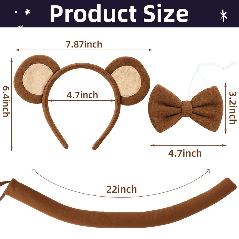 Tedercle 3 Pack Monkey Ears Headband Bow Tie and Tail