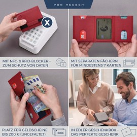 VON HEESEN Slim Wallet with RFID Protection - Men's Small Wallet - Mini Purse Women's Wallet - Card Holder Genuine Leather Card Wallet - Leather Credit Card Holder, red, Mini coin compartment