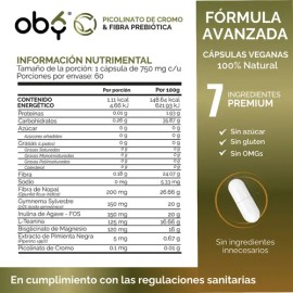 Picolinato Cromo Premium + Fibra Nopal, Magnesio, L Teanina, Gymnema, Inulina y Piperina | 100% Puro | Bis Glicinato | Vitaminas Mujer Y Hombre | Anti Antojos | Oby 60 Capsulas Veganas Vcaps