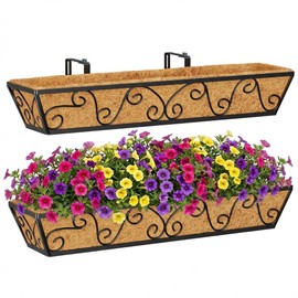 Y&M 30x7 Inch Black Outdoor Rectangular Window Box Planter - Rust Resistant Steel, Plastic Coated - Perfect for Railings, Walls, or Window Sills - Includes Coco Coir Liner