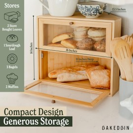 BakedBin Corner Bread Box for Kitchen Countertop - New 2025 Design, Vintage Bamboo Wooden BreadBox, Large, Double Layer Storage for Homemade Bread, Sourdough, Panera, Under Cabinet Organizer