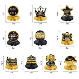 10Pcs Happy Retirement Decorations Table Honeycomb Centerpieces Party Supplies, Black Gold Retirement Adventure Awaits Table Centerpieces for Women Men, Retired Goodbye Decor
