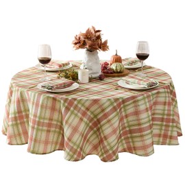 Newbridge Country Rustic Thanksgiving Plaid Round Fabric Tablecloth, 70 Inch Diameter Fall Spice and Green Cottage Plaid, Soil Resistant, Easy Care Table Cover for Holiday Dining