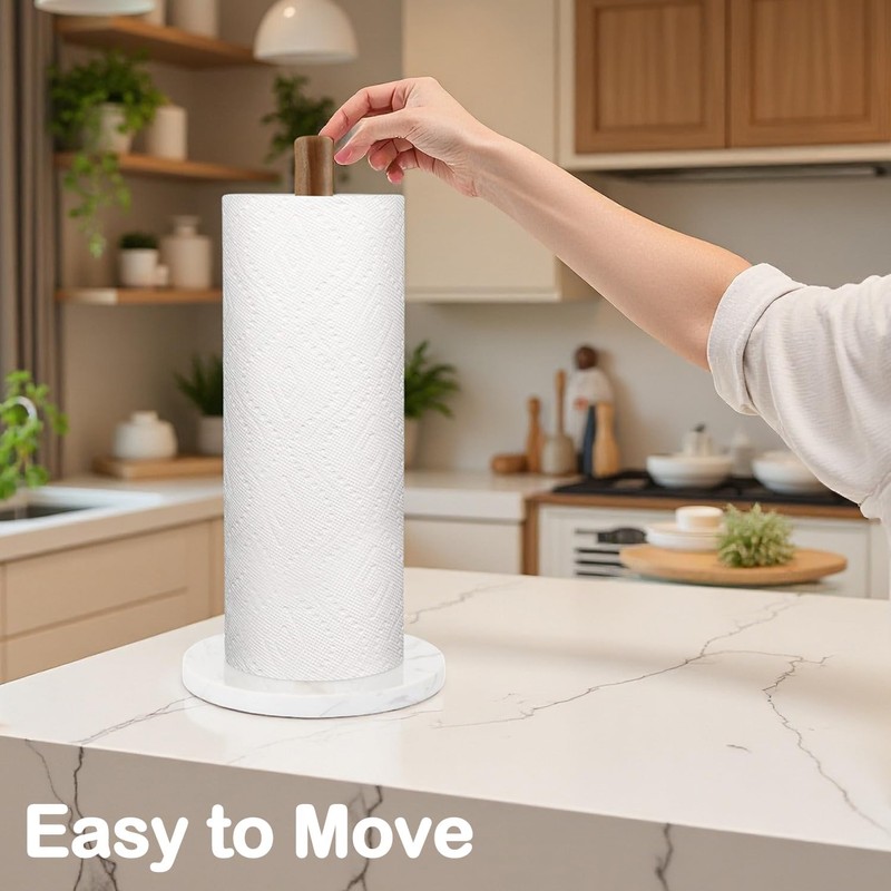 Buruis Wood Paper Towel Holder, Marble Base Modern Decorative Countertop
