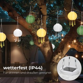 OVITEC Solar Lanterns, Boho Style, Set of 3, Green, Yellow, White, Party Decoration, Vintage Style, Lanterns, Outdoor Weatherproof, Fairy Lights for Garden or Balcony Decoration, Diameter Approx. 20