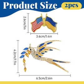 American and Ukraine Flag Brooch Pins with Enameled Doves of Peace, Ukrainian Rhinestone Wheatie Lapel Pins Gift, Set of 2