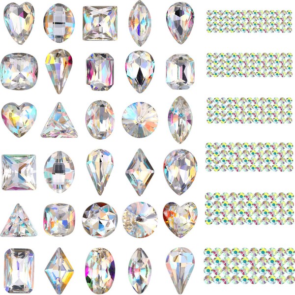 Diamantes de imitación 3D de vidrio AB con parte trasera plana para decoración de uñas, manualidades, piedras preciosas con gemas de metal para decoración de uñas, Style A, 2030 Pieces