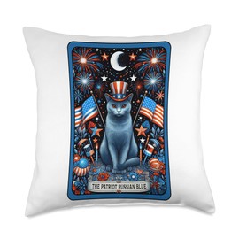 Russian Blue Cat Mama Dad 4th of July Patriotic Tarot Card Throw Pillow