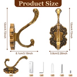 awagas 4 Pcs Vintage Coat Hooks, Antique Brass Decorative Wall Hooks Unique Heavy Duty Wall Hook for Hanging Purse Hat Clothes Robe Key Curtain Towel Hook for Bathroom Shower Closet Mudroom