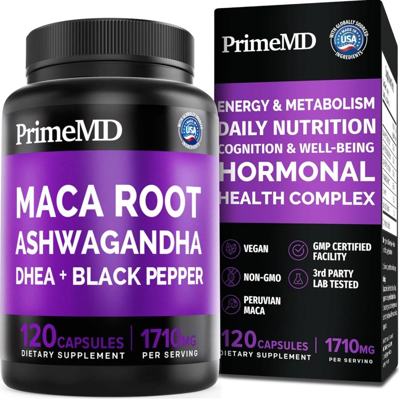 PrimeMD 6-in-1 Organic Maca Root Ashwagandha Capsules 1710mg, DHEA, 120