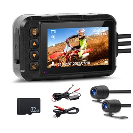 CAMECHO Motorcycle Dash Cam Front and Rear, Night Vision Dash Camera with 32GB Card, Dual Motorbike Camera, DashCam with Full Body Waterproof, G-Sensor, 3" Display, Loop Recording, Driving Recorder