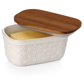 Nucookery Ceramic Butter Dish, Embossed Butter Keeper with Wood Lid for Countertop, Butter Holder and Container with Double Silicone Seal (Fan Pattern)