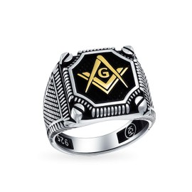 Men's Large Statement Solid Compass Freemason Masonic Signet Ring .925 Sterling Silver Tri Tone Black Gold Inlay