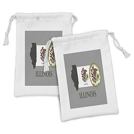 Ambesonne Illinois Fabric Pouch Set of 2, Illinois State Map National Union Seal Coat of Arms with Eagle American Borders, Small Drawstring Bag for Toiletries Masks and Favors, 9" x 6", Multicolour