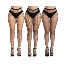 SAFSOU 3 Pairs Fishnet Stockings for Women With Stretch Waistband,Black Fishnets With Reinforced Toes, Fishnet Tights With High Elastic
