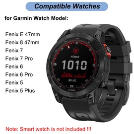 22mm Watch Band for Garmin Fenix 5/Fenix 6/Fenix 7/Fenix 8 47mm/Fenix E 47mm, Soft Silicone Band Strap Wristband with Quick Fit for Garmin Smart Watch (Black)