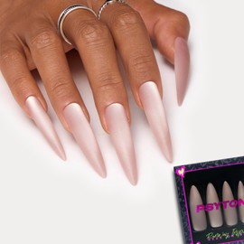 PSYTONE Glossy Frosted Cat Eye Press on Nails Extra Long Stiletto with Glue, Fake Nails Resistant to Falling Off, Perfect Fit and Reusable Press on Nails, 15 Sizes 30 Pieces Nail Kit, Nudelicious