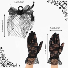 WLLHYF Fascinator Hat Feather Veil Mesh Headband with Short Lace Gloves 1920s Tea Party Hat for Women Hair Clip, black