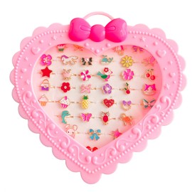 Elesa Miracle 36pcs Children Kids Little Girl Adjustable Jewelry Rings in Box, Girl Pretend Play and Dress Up Rings with Heart Shape Display Case