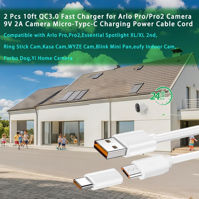 2 Pcs 10ft QC3.0 Fast Charger for Arlo Pro/Pro2 Camera,