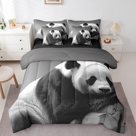 Feelyou Kids Cute Panda 7 PCS Comforter Set with Sheets King Size Boys Girls Panda Bed in a Bag Animal Bed in a Bag with Comforter, Sheets, Pillowcases & Cushion Cover