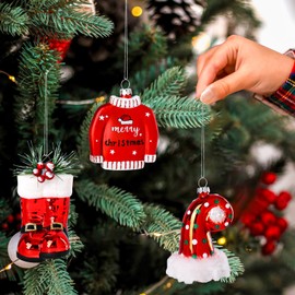 Christmas Ornaments Christmas Tree Decorations Glittered Xmas Boots Sweater Hat Xmas Tree Ornament Glass Hanging Ornament for Xmas Tree Party Decoration 3 Pack